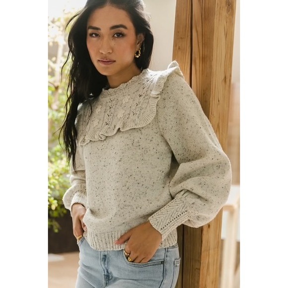 bohme Sweaters - Bohme Mimi Knit‎ Sweater Ruffle Speckle Knit Sweater Balloon Sleeve Preppy S